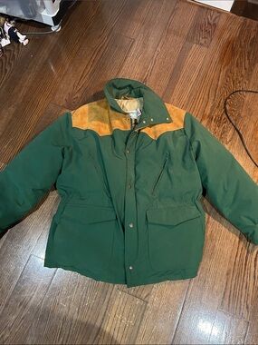Vtg Schott green & tan down western yoke puffer warm jacket sz XXL